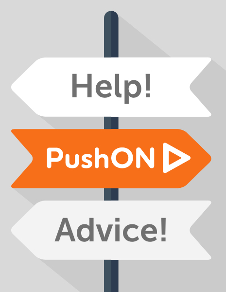 Illustrated signpost reading "Help! PushON Advice"