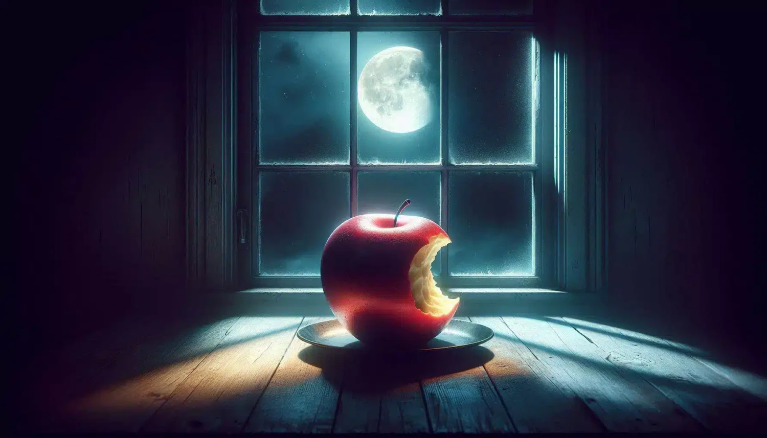 An AI generated image of a bitten apple bathing in moonlight