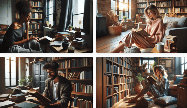 4 sets of AI generated images showing people reading books in a home library