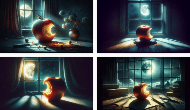 4 AI generated images of a bitten apple in moonlight